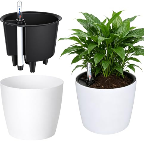 Hbzunt 2 macetas de 17,5 cm con indicador de agua, macetas para hierbas autorriego, maceta de almacenamiento de agua para geranios y menta (blanco)
