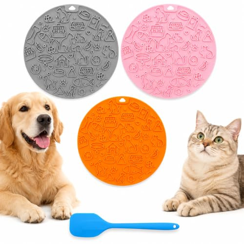 3 Stück Schleckmatte Hund Katzen, Slow Feeder Leckmatte Hund, Welpen Schleckmatte Katze für Haustier Angst Relief und langsam füttern, rutschfest mit Saugnäpfen, inkl. Spatel (bunt 1)