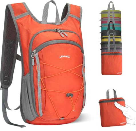 LAIMEIWEE Lätt hopfällbar vandringsryggsäck – 13 l liten ryggsäck för män och kvinnor, vattenavvisande resväska, packbar dagväska för promenader, camping, sport och utomhus, Orange, 13 l, Avslappnad