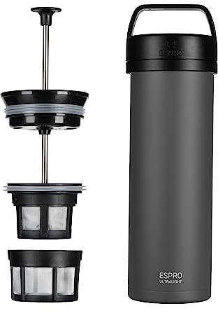 ESPRO P0 Ultralight French Press to go, Edelstahl, 470 ml, Grau | Vakuumisoliert, auslaufsicher. Frisch gepresster Kaffee fuer Reise, Camping, Buero. Edelstahl.