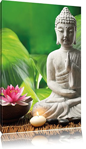 Pixxprint Seerosenblüte mit Buddha Statue, Größe: 80x60cm, Leinwandbild, fertig gespannt, Wandbild, Dekoration, Kunstdruck, kein Poster