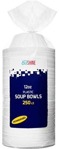 BluShine 250 Pack – 12 Oz Disposable Plastic Soup Bowl Plates – Extremely Strong and Sturdy – Heat-Resistant and Soak-Proof - Does Not Melt or Cave in Microwave – Heavy Duty BPA-Free Plastic