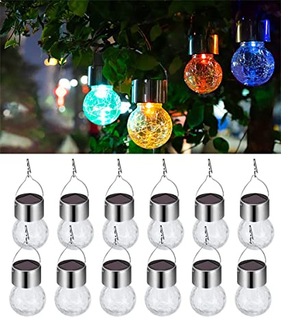 Hanging Solar Powered LED Light with 7 Color Auto-Changing, Cracked Glass Ball Light, Waterproof Outdoor Christmas Decorative Lantern for Garden, Yard, Patio, Lawn (Colorful, 12)