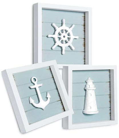 TideAndTales 3D Nautical Wall Decor (7x7), Coastal Theme Home Decorations with Anchor, Lighthouse and Ship Wheel, Rustic Ocean Inspired Bathroom Decor - Nautical Gifts - Framed Set of 3