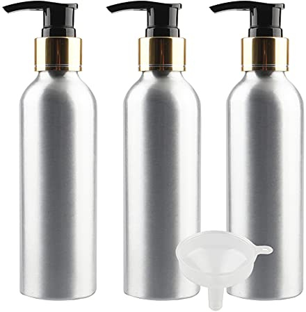 ZEOABSY Lot de 3 Rechargeables Argent flacons à Pompe vides en Aluminium de 150 ML avec Pompe Gel Noir et Bague en Or pour Lotion shampooing crème lavante Gel Douche Distributeur de Liquide.