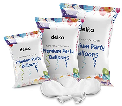 delka 12-Inch Latex Birthday Balloons - Pack of 50, White | Suitable for Kids Party Decorations, Baby Shower, Wedding, Christmas, New Year Eve Decoration & Celebration| Helium Gas or Air Inflated