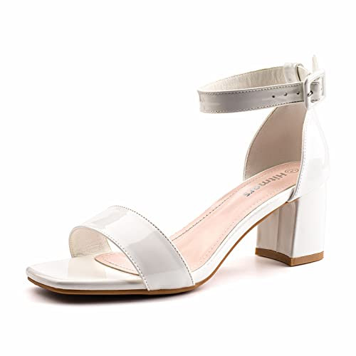 Hitmars Sandali Donna Eleganti Estive Sandali Tacco Comodi Cerimonia Largo Heeled Sandals Sandalo Punta Aperta Moda Cinturino Alla Caviglia Bianchi EU 41