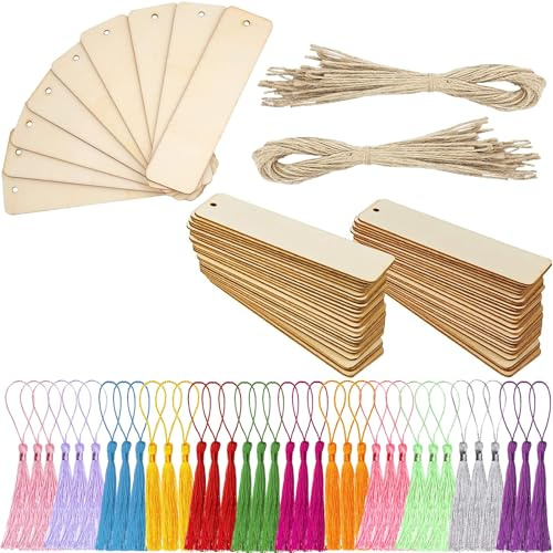 204 Stück Lesezeichen aus Weiß aus Holz Set, BetterJonny DIY Lesezeichen zum Aufhängen aus Holz 72 Stück Lesezeichen aus Holz 72 Stück Seil 60 Stück bunte Quasten