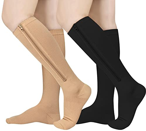 2 Pairs Zipper Compression Socks, 15-20 mmHg Closed Toe Compression Stocking with Zipper for Women and Men