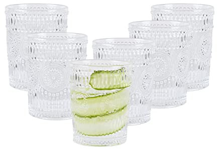 Eden & Willow E&W Set of 6 Embossed Highball Drinking Glasses, Tumblers for Cocktails, Hot and Cold Drinks (Set of 6, 265ml)