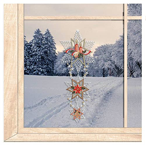 Großes Fensterbild DREI Sterne mit Kerze Luft-Spitze HxB 43x20 cm | atelier alles-Spitze Weihnachtliche Fensterdekoration, Vogtländische Luft-Spitze, Wiederverwendbar, inkl. Saugnapf