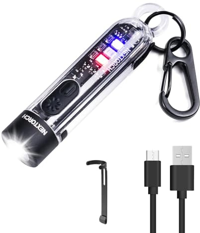 Nextorch K40 700 Lumens Rechargeable Keyring Light EDC with 405nm UV, Red & Blue Flashing Emergency Light for Outdoor, Camping, Dog Walking & Self-Defense