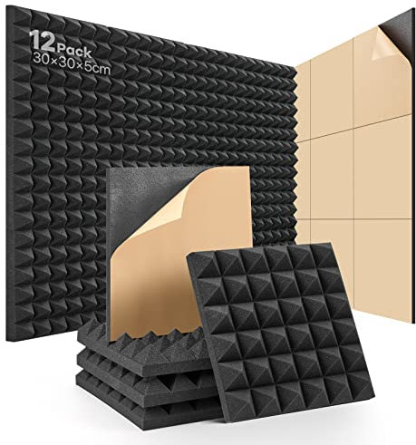Paneles Acústicos Autoadhesivo 12 Piezas Espuma Acustica Aislamiento acústico de alta densidad Insonorizacion Acustica Pared para Estudio, Podcasting, Estudios de Grabación, Oficinas 30×30×2,5cm
