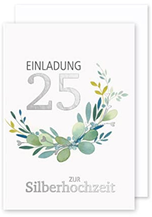 AvanCarte Silberhochzeit 25 Einladung Karte 5er Mehrstückpackung Blätterkranz 15x11cm