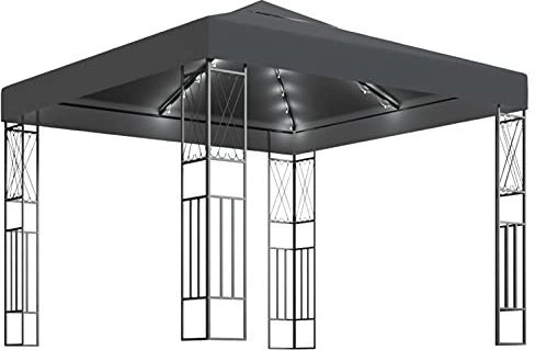 Homgoday Gazebo con Stringa di Luci LED 3x3 m in Tessuto Antracite, Gazebo da Giardino, Gazebo Ombrellone da Giardino Spiaggia Pesca Esterno Antivento per Arredo Giardino Terrazzo Ambienti