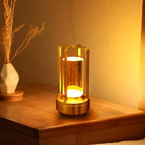 PIKAFOX Crystal Lantern lamp with Touch Dimming, Rechargeable LED Table Lamp, 3-Color Adjustable Brightness,4200mAh Battery Powered Desk Light for Bedroom, Restaurant, Outdoor