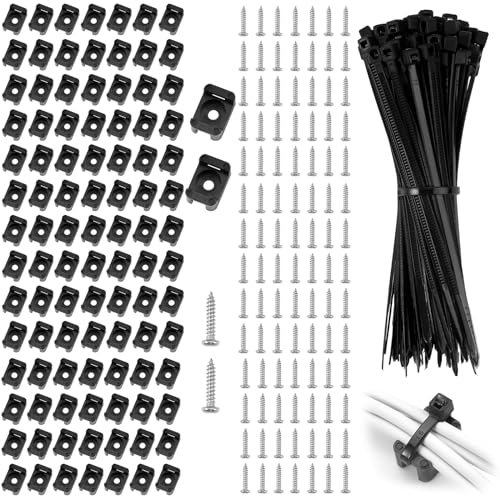 100 Set Fermacavi Muro in Nylon da Parete con Supporto per Fascette Tipo Sella e Viti, Fascetta Nera per Cavi Piccola 10 cm, Fascette Plastica per Cablaggio, Fascette Stringicavo per Organizzare Cavi