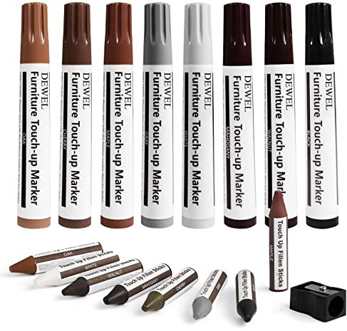 DEWEL Kit per la Riparazione di Mobili Stucco per Legno, 8 colori Pennarello per Legno e Bastoncini di Cera per Macchie,Graffi