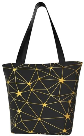 BeNtli Umhängetasche, Canvas Tote Große Tasche Damen Casual Handtasche Wiederverwendbare Einkaufstaschen,Goldschwarze Sterne vernetzen nahtloses Muster