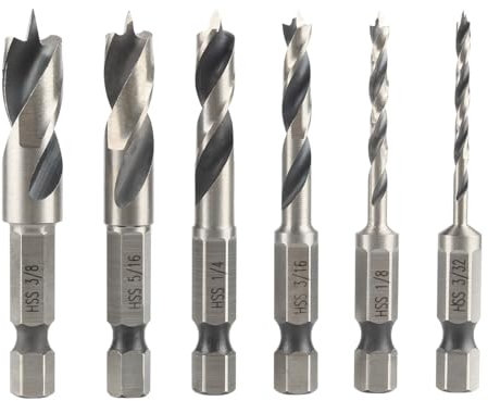 Treki 6 Stück Klein Holzbohrer mit Sechskantschaft 6,35 mm Stubby Holzspiralbohrer mit Zentrierspitze und Vorschneider, Kurzbohrer Set für Hartholz, Weichholz, Sperrholz