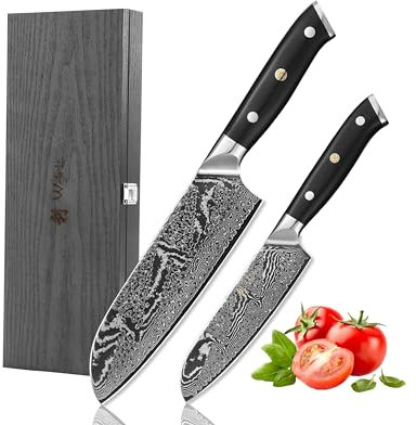 Wakoli Nitoko Damastmesser Set 2-teilig Santoku 18 cm & 12,5 cm, 67 Lagen VG10 Damaststahl, Full Tang, G10 Griff, extrem scharfes Profi Küchenmesser Set inkl. Geschenkbox & Fingerschutz