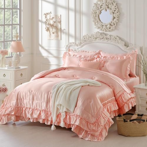 Bedbay Satin-Bettwäsche-Set, 8-teilig, luxuriöses Bettwäsche-Set, seidiges Satin-Bettwäsche-Set, elegante Rüschen, ästhetisches Steppbett in einer Tasche, seidenähnliches Satin-Bettwäsche-Set mit 1