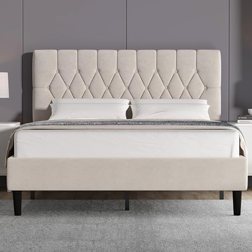 Blisswood King Size Bed Frame, Noise-Free Upholstered Platform Bed With Chesterfield Design Tufted Adjustable Headboard & Under Bed Storage,Velvet Fabric/Sturdy Wooden Slats Support (Beige)