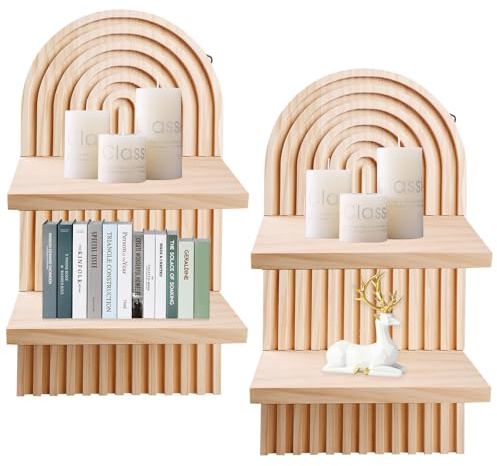 2 Set Wandregal Holz, Ohne Bohren, Doppelschichtig Boho Wanddeko, Kleine Regale Wandablagen für Wohnzimmer, Fotoregal, Tischdeko, Dresser Deko, Zimmer Deko Büro