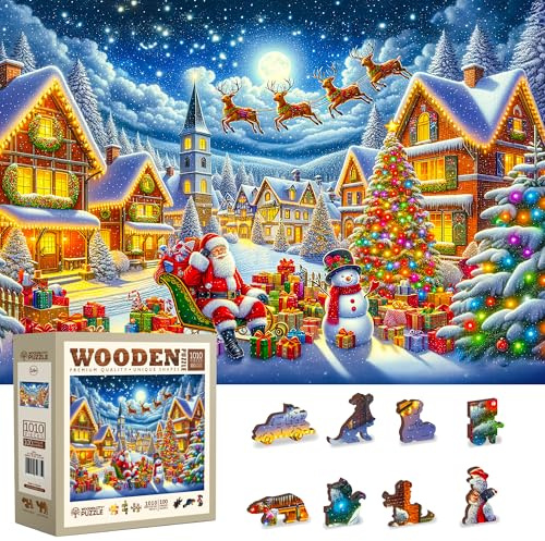WOODEN.CITY Jul träpussel 1 000 bitar för vuxna – festlig vinterscen, förlovande och utmanande sticksågar, unik pusselgåva för vuxna och familjer (Santas glada resa)