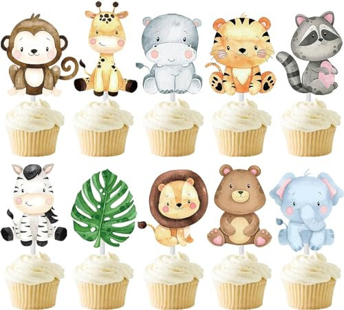 Animali Giungla Cake Topper, 24pcs Decorazioni per Torte Animali, Decorazioni per Torte Zoo, Animali Decorazioni Torta, Giungla Decorazione Cupcake, Animali Giungla Cake Topper