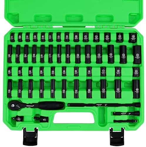 SWANLAKE 1/4-Zoll-Antrieb-Schlag-Steckschlüsselsatz, 56-teilig, Standard SAE (5/32 bis 9/16 Zoll) und metrische (4-15 mm) Größe, 6-Punkt, Cr-V, 1/4-Zoll-Antriebs-Ratschengriff,