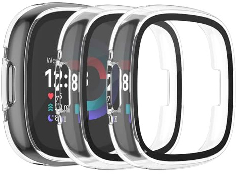 Vancle 3Stück Schutzfolie für Fitbit Versa 4 Hülle/Sense 2 Schutzhülle,Vollständige Abdeckung Schutzfolie Hard PC Schutz Displayschutz Folie Gehäuse für Sense 2(3Stück Transparent)
