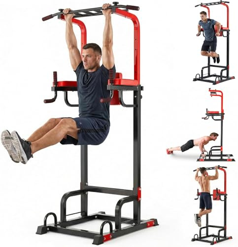 Power Tower Dip Station pull up-stång för hemmagym styrketräning träningsutrustning, justerbar höjd från 165–210 cm, lastkapacitet upp till 200 kg