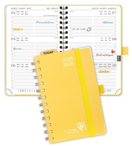 POPRUN Taschenkalender 2025 2026 Klein Ringbuch mit Hardcover, ca. A6 (16 x 10,5 cm) - Kalender 2025 2026 Klein (Aug.2025-Dez.2026) - Wochenplaner mit Vergoldete Schutzecken - Hellgelb