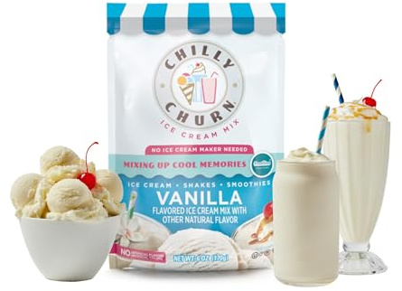 Chilly Churn Vanilla Flavored Ice Cream, Shakes, Smoothies Mix By Frostline Brand, Use with Ice Cream Machine, Countertop Creamer, Blender, And More, Gluten Free, Kosher, Makes 1.5 Quarts, 6 oz Pouch
