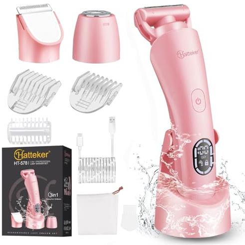 Hatteker Afeitadora eléctrica para mujer, recortadora de pelo para mujer, maquinilla de afeitar eléctrica para piernas, bikini, axilas, pelos públicos, pantalla LED, IPX7, impermeable, regalo para