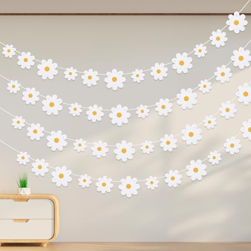 Ouligay 4 stycken tusensköna banderoll och födelsedagsdekoration, tusensköna girlang, vit boho blomma papper girlang krans för flickor