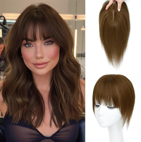BUPPLER Haar Topper für Frauen Echthaar-U Form Toppers Haarteile für Frauen mit dünner werdenden Haaren 150% Dichte Seidenbasis Clip in Human Topper mit Pony für den täglichen Gebrauch(Braun)