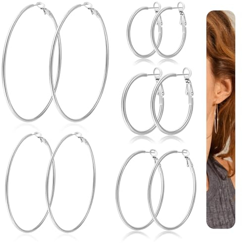 grandes boucles d'oreilles créoles en acier inoxydable, 5 Pairs Boucles d'Oreilles Femme Acier Inoxydable Creoles Argent Boucles d'Oreilles, Cercles hypoallergéniques (30/40/50/60/70 mm)