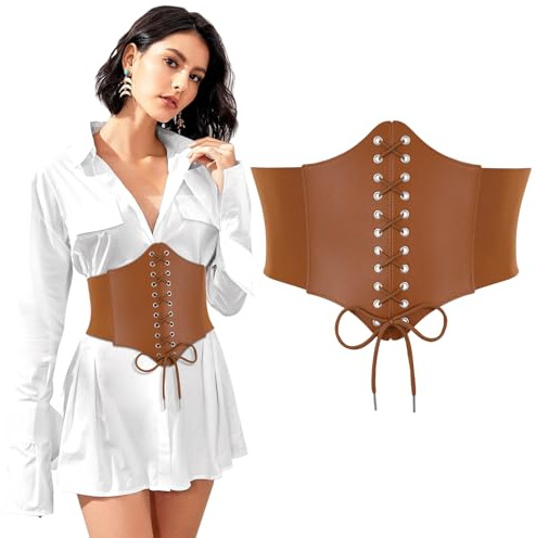 TRIWORKS korsettbälte för dam – elastisk snörkorsett, brett midjebälte/waspie med lace-up, vintage midjegördel för Halloween, karneval & cosplaykostym, BRUN, Passende Taille 31-34