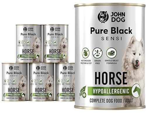 John Dog Hundenassfutter Pure Black Hypoallergenic Pferdefleisch - Getreidefreies Monoprotein Nassfutter für empfindliche Hunde - Hundefutter ohne Huhn, unterstützt Haut und Fell 6 x 400g