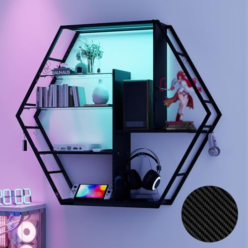YU YUSING Étagère Vitrine Murale Hexagone LED RGB 7 Couleurs, Style Gaming | 2 Plateaux Verre Trempé, 8 Crochets, Vitrine pour Collection Figurines Manga, Deco Chambre Ado, Bar, Rangement Setup Gamer