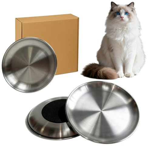 3er Set Katzenschüssel Edelstahl 17cm, 304 Fressnapf Katze Flache gegen Schnurrhaarermüdung mit Silikon Anti-Rutsch Unterlage und Reinigungstuch, Katzennäpfe für Wasser Nassfutter Trockenfutter