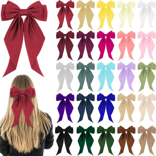 25 Pcs Large Satin Hair Bows Bulk, Oversized Long Tail Bow Clips for Women Girls, Big Silk Hair Ribbons for Spring Summer, Hair Bow Bundles Party Weddings Gifts (25 Colors, 38 x 20cm)