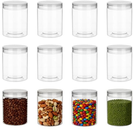 Hejo 12Pcs 210ml Clear Plastic Jars with Lids, 6.5CM Wide-mouth Containers | Reusable Empty Storage Bottles for Herbs and Spice, DIY Crafts Beads, Sweet, Slime Storage