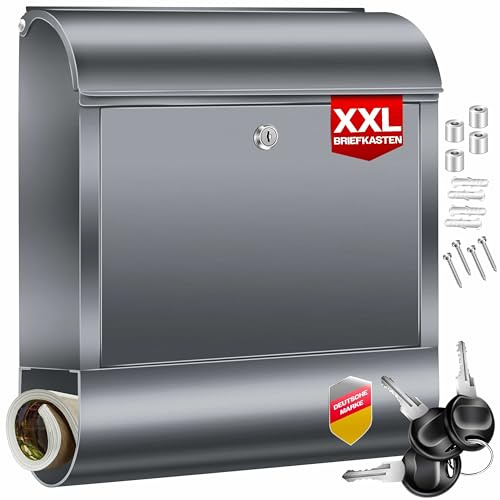 KESSER Boîte aux lettres XXL en acier inoxydable avec compartiment à journaux, brossé, 3 clés verrouillables, revêtement par pulvérisation, montage mural, grande fente avant : DIN C4 = DIN A4