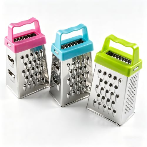 3 Pack Cheese Grater Box Grater Mini 4 Sided, Stainless Steel Multi Function Small Vegetable Cheese Grater with Colourful Non Slip Plastic Handle for Kitchen Cooking Prep