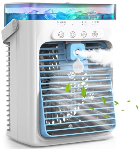 Condizionatore Portatile Senza Tubo 4 in 1, Mini Condizionatore Portatile, Climatizzatore Portatilere USB, 3 Velocità, 2 Modalità Spray, Serbatoio 1000ML, Timer 2/4/8H, Silenzioso per Casa e Campeggio