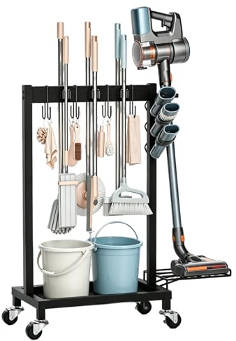 Organizador de herramientas de jardín de 3 niveles y 6 soportes para fregona, para jardín, con 3 ganchos móviles y ruedas bloqueables, soporte para herramientas de patio, para garaje, cobertizo y