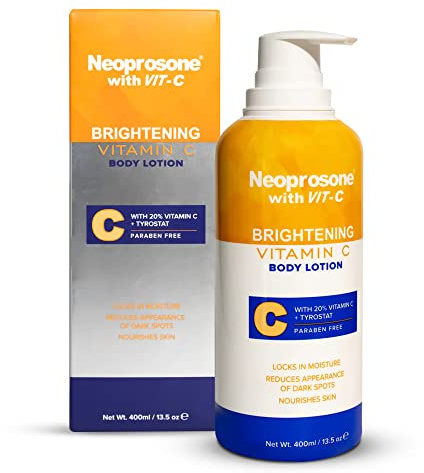 Neoprosone upplysande kroppslotion – 400 ml (13,5 fl oz), formulerad för att bleka mörka fläckar på armbågar, knän, hals, kropp och intima delar, med tyrostat, sheasmör, C-vitamin, E-vitamin